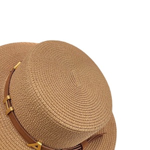 Chapeau de soleil d'<span class=keywords><strong>été</strong></span> à large bord en paille avec ceinture, style boater, chapeau de plage Panama à calotte plate pour <span class=keywords><strong>femme</strong></span> - Product Image 6