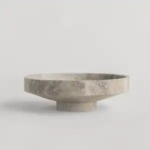 26*7.5cm Silver Travertine Pedestal Bowl Marble Tableware Table Top Candy Dry Fruity Tray Modern Travertine Fruit Salad Bowl