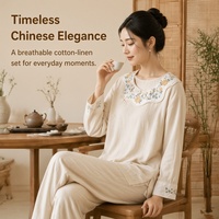 Ensemble 2 pièces en coton et lin pour femme, col à pétales, broderie, style chinois, boutons grenouille, haut à manches longues et pantalon