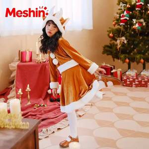 Costume de cosplay de renne pour enfants MS, très populaire, vêtements de Noël marron pour enfant avec bandeau, robe de Père Noël pour filles - Product Image 3