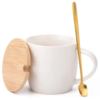 Mug en céramique de haute qualité 401-500 ml, finition brillante, couvercle en bois, cuillère, logo personnalisable, résistant à la chaleur, durable, multicolore
