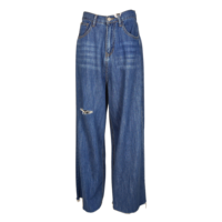 Celana Jeans Wanita Katun Bernapas Pinggang Tinggi Model Kaki Lebar Sobek Vintage Sand Washed Longgar Lurus Denim Kasual Harian ODM Berlubang