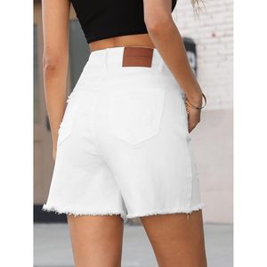 Comodo7, pantalones cortos de mezclilla elásticos de cintura alta a la moda para mujer, pantalones cortos informales de pierna ancha con dobladillo crudo estilo Boyfriend Jean - Product Image 2