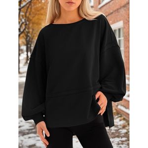 Fisoew Sudadera extragrande para mujer, jersey largo con mangas abullonadas, top negro con cuello redondo y bolsillos, ropa de otoño - Product Image 2