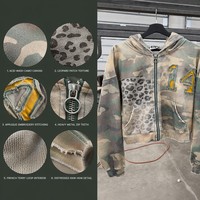 Veste camouflage délavée personnalisée pour homme, coupe oversize, en molleton français 380 GSM 100 % coton, style baggy et boxy, sweat à capuche zippé camouflage, streetwear