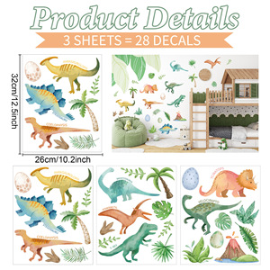 28 pz dinosauro adesivo da parete foresta cartone animato acquerello impermeabile decalcomanie per camera dei bambini PVC decorazione adesivi murali per bambini - Product Image 5