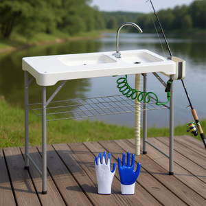 Outdoor Fish Cleaning <b>Table</b> Foldable <b>Plastic</b> Metal Frame With Sink And Rack For Fishing Use - Product Image 2