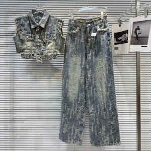 Fabricants de vêtements pour femmes, hauts <span class=keywords><strong>et</strong></span> pantalons streetwear, ensemble en <span class=keywords><strong>jean</strong></span> denim personnalisé, tenue pour femmes, strass déchirés, ensembles pour femmes - Product Image 1