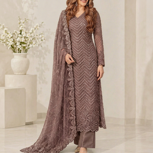 Ensemble shalwar kameez en soie taupe extensible avec broderies miroir, pour femmes, style indien pakistanais, pour mariage, avec dupatta - Product Image 1