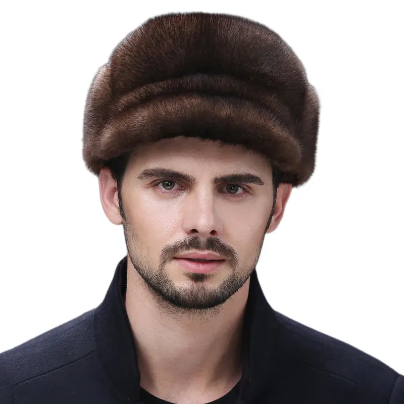 DH IATOYW hot sale real fur winter warm men black brown color hat mink fur hat with ear muffs