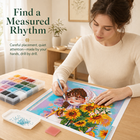 Kit de Peinture Diamantée Imprimée Fille Tournesol Dessin Animé + Art Floral Soleil + Diamants Scintillants Spéciaux + DIY Écologique Relaxant