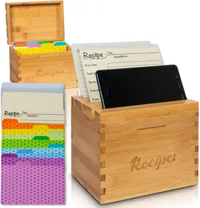 Бамбуковая деревянная коробка для рецепта с 16 разделителями, 70 карточками и 2 защитными рукавами