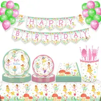 MM190フェアリーガーデンパーティー用品フラワーペーパープレートカップナプキン使い捨て食器セット子供の誕生日パーティーの装飾