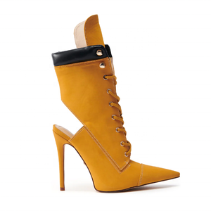 Stivaletti da <span class=keywords><strong>Donna</strong></span> Giallo Senape con Lacci, Punta Affusolata, Tacco a Spillo, Stivali alla Caviglia alla Moda con Cinturino Posteriore - Product Image 3