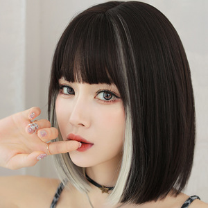 Perruque Bob Courte Synthétique Femme, Effet Amincissant, <span class=keywords><strong>Frange</strong></span> Droite, Boucles Inversées, Longueur Clavicule, Perruque Complète, Tendance Internet, Effet Highlight Peekaboo - Product Image 3
