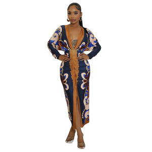 <span class=keywords><strong>Robe</strong></span> fendue sexy à manches longues et col en V imprimé multicolore pour femme - Nouveauté 10798 - Product Image 3
