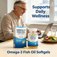 Capsules d'huile de poisson oméga-3 sans odeur, sans sucre, sans conservateurs, favorisant le bien-être quotidien, complément nutritionnel pour adultes