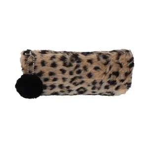 Furry Fashion Pencil Case Leopard Plush Pencil Case With Pompom