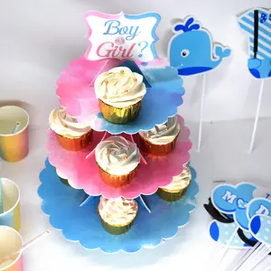 En gros Impression Personnalisée 3 Niveaux Rond Papier Gâteau Stand Babyshower Anniversaire Cupcake Stand Pour La Fête