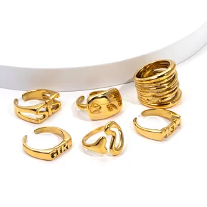 Waterproof 18K Jewelry Gold Plated Hollow Out Heart Multi-Layers Band Open Ring Sis Mom Dad Initial Number Hip Hop Letter Rings