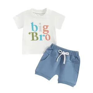 Set pakaian bayi laki-laki, atasan huruf sepupu besar, celana pendek serut musim panas