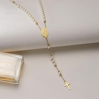 6mm chapelet perles perles croix collier 18k plaqué or chaîne en acier inoxydable chapelet catholique collier