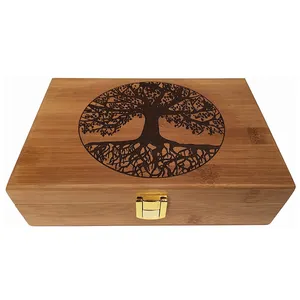 Wooden Stash Boxes Engraved Tree Design with hinged lid Decorative Wooden Boxes with Lid
