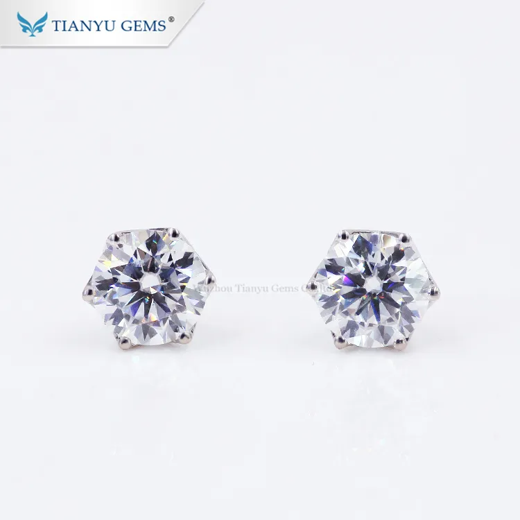 Tianyu gems customized 14k/18k white gold stud 6.5mm round heart&arrow colorless foreverone moissanite earring