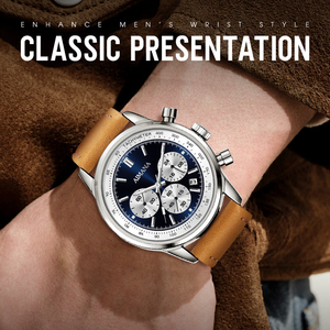 Montre de luxe classique pour homme, style tonneau, cadran bicolore <span class=keywords><strong>bleu</strong></span>, bracelet en cuir marron, résistante à l'eau, en acier inoxydable de haute qualité - Product Image 6