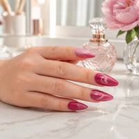 Faux ongles autocollants œil de chat cœur stiletto, faux ongles magnétiques à paillettes magenta, vente en gros OEM ODM personnalisée sous marque privée