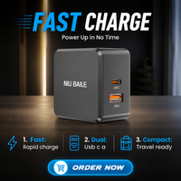 Cargador Rápido GaN NIUBAILE de 65W, PD 3.0, QC2.0, Tipo-C, 1 Puerto USB, Adaptador de Pared Universal Ecológico a Prueba de Fuego con Soporte PPS