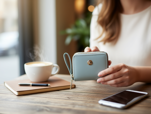 Women's Double Zip <b>Wallet</b> <b>Small</b> Size Wrist Strap Microfiber Synthetic Leather Minimalist Daily Use - Product Image 2