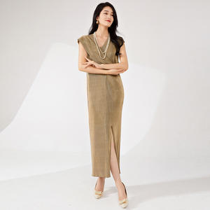 Vestido Midi Plisado de Diseño de Moda para Mujer, de Alta Calidad, Holgado, con Abertura, Elegante, de Noche, con Cinturón Natural, Antiarrugas - Product Image 4