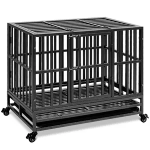 37 Inch Metal Kennel and Crate for Large Dogs,Easy to Assemble Pet Playpen with Four Wheels,Black Heavy Duty Dog Cage