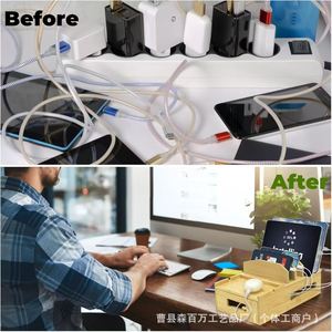 Bamboo Wood Cable Management Box Desktop Phone <b>Tablet</b> <b>Stand</b> Solid Wood Organizer Power Strip Storage Box - Product Image 1