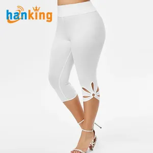 Femmes grande taille taille haute découpé Capri Leggings Yoga pantalons de survêtement femme couleur unie décontracté creux pétale serré élastique pantalon
