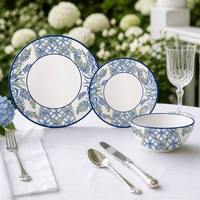 Service de table en porcelaine à motif botanique bleu vintage, assiettes décoratives, bol, vaisselle en céramique pour mariage et repas à domicile