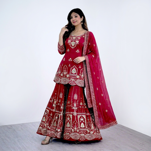 <b>Red</b> Embroidered Traditional Indian Pakistani <b>Lehenga</b> Suit With Dupatta Wedding Outfit Women's Regular Fit Floor-Length - Product Image 1