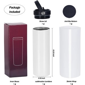Lot de 25 gobelets à sublimation avec 2 couvercles 20 oz maigres blancs droits, bouteille d'eau de sport à sublimation en acier inoxydable - Product Image 1