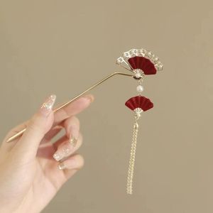 Palillos para el Cabello con Flores de Terciopelo Rojo Vintage, Pasadores para Moños, Borlas, Perlas, Diamantes de Imitación, Metal, Palillos Largos para el Cabello, Accesorios para Mujer - Product Image 6