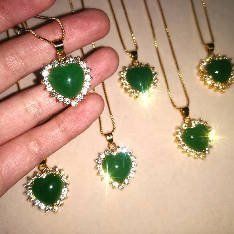 Jialin Jewelry Chinese jade fashion green jade 18k gold plated natural jade heart pendants diamond around heart pendant necklace