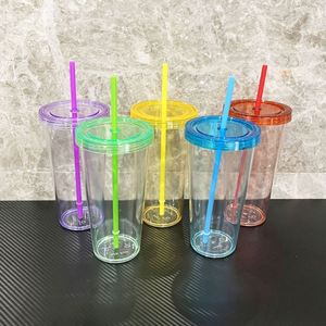 Vasos de agua de plástico duro transparente de una sola capa, creativos, portátiles, de 16 oz, con tapa y pajita. - Product Image 2