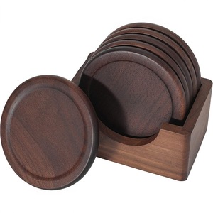 Ensemble de sous-verres en bois de noyer noir, 5 pièces avec support, sous-verres ronds pour café, sous-verres en bois isolants contre la chaleur - Product Image 1