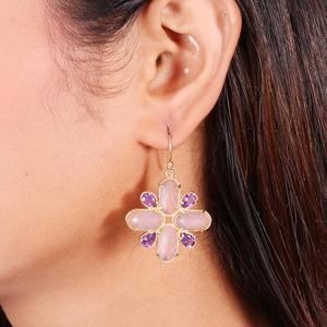Nouvelles boucles d'oreilles en laiton plaqué or avec quartz rose et améthyste, bijoux statement multi-pierres - Product Image 3