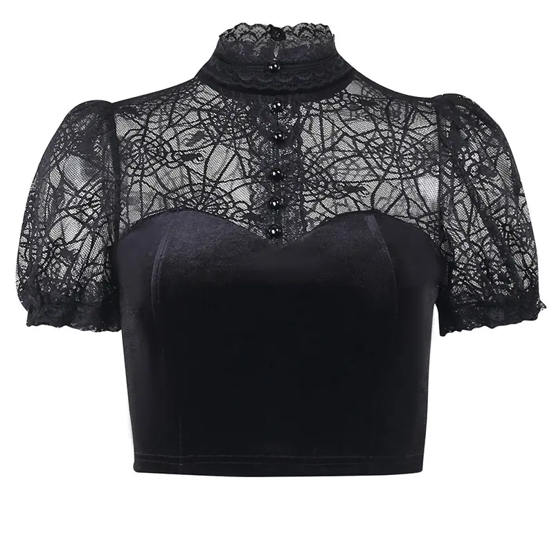 트렌디 한 핫 섹시 블랙 레이스 시스루 거미줄 고딕 의류 고스 크롭 탑 티셔츠 여성용