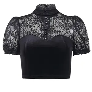 Trendy Sexy Zwart Kant Doorzichtig Spinnenweb Gothic Kleding Gothic Crop Tops T-Shirt Voor Vrouwen