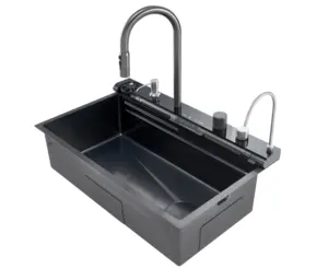 Nueva tendencia Nano Black 304 Tazón Delantal de acero inoxidable Granja Hecho a mano Cascada inteligente Fregadero de cocina