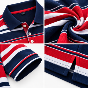 เสื้อโปโลลายทางสีแดงขาวน้ำเงิน แขนสั้นสำหรับผู้ชาย เสื้อกอล์ฟคลาสสิก ลายทางแนวนอน เสื้อผ้าลำลองสำหรับฤดูร้อน ชุดกีฬา - Product Image 2
