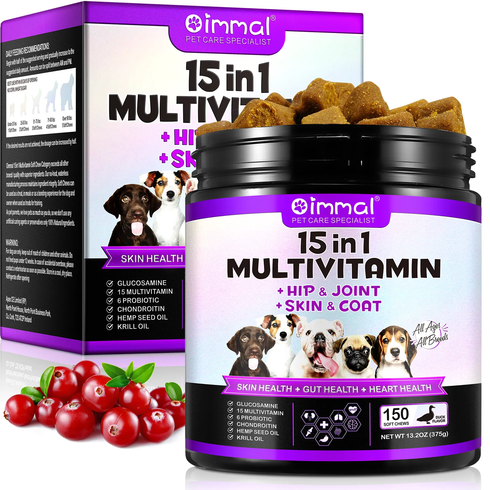 مكمل فيتامينات متعدد الفيتامينات 15 في 1 لمضغ الكلاب الناعم، مكمل غذائي للحيوانات الأليفة لدعم صحة القلب والمفاصل والمنطقة الحاضنة من OIMMAI