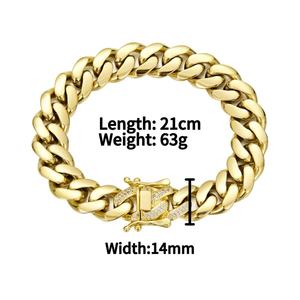 Pulsera de Cadena Cubana Plana de Acero Inoxidable <span class=keywords><strong>Laminado</strong></span> de 14 mm con Cierre CZ Iced Out Chapado en <span class=keywords><strong>Oro</strong></span> de <span class=keywords><strong>14K</strong></span> para Joyería Hip Hop Masculina - Product Image 2